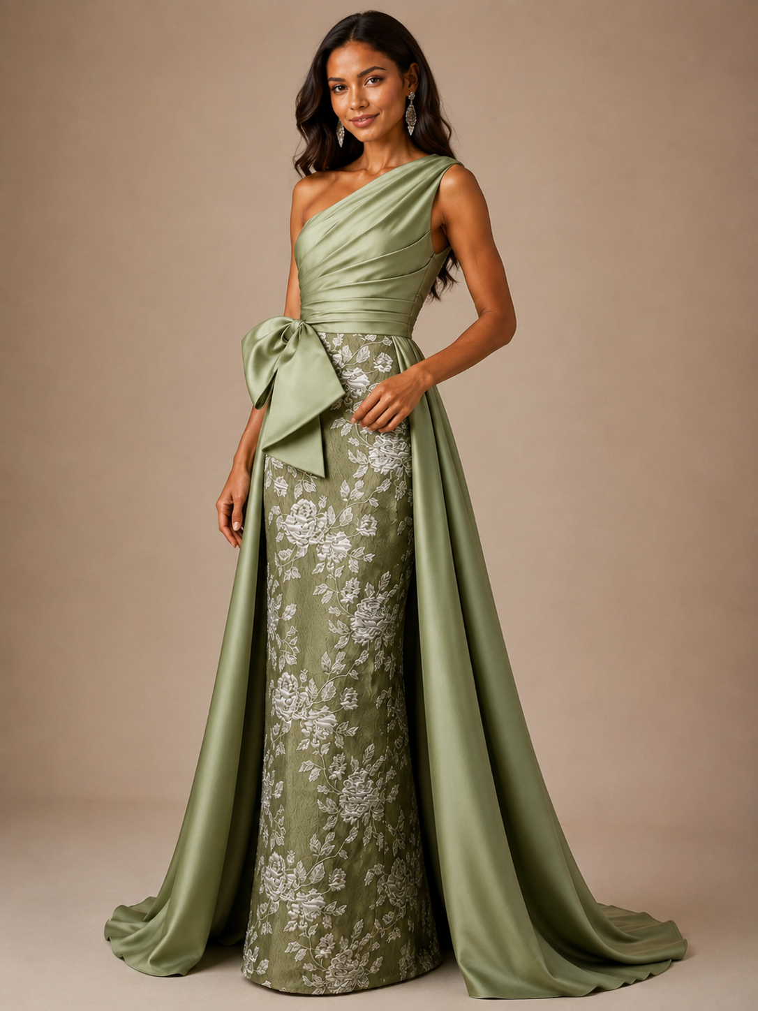 Floral One-Shoulder Mother of the Bride Dress with Bow