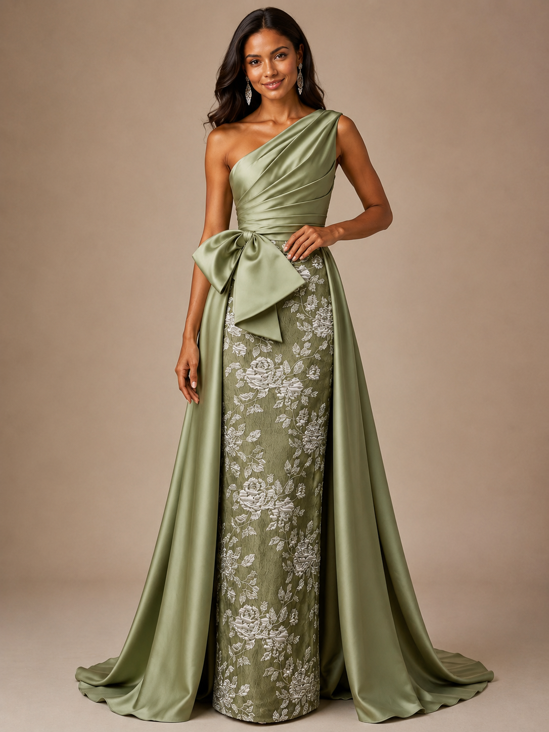 Floral One-Shoulder Mother of the Bride Dress with Bow