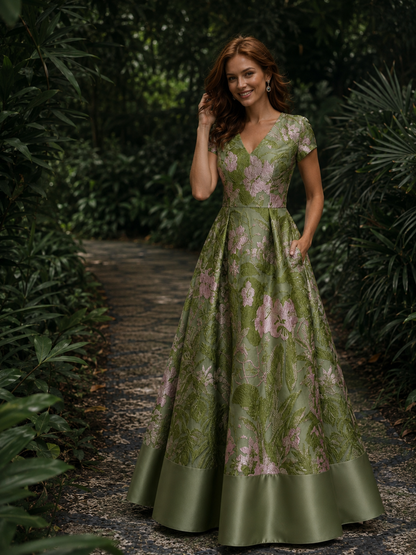 Green Floral V-Neck A-Line Mother of the Bride Dress
