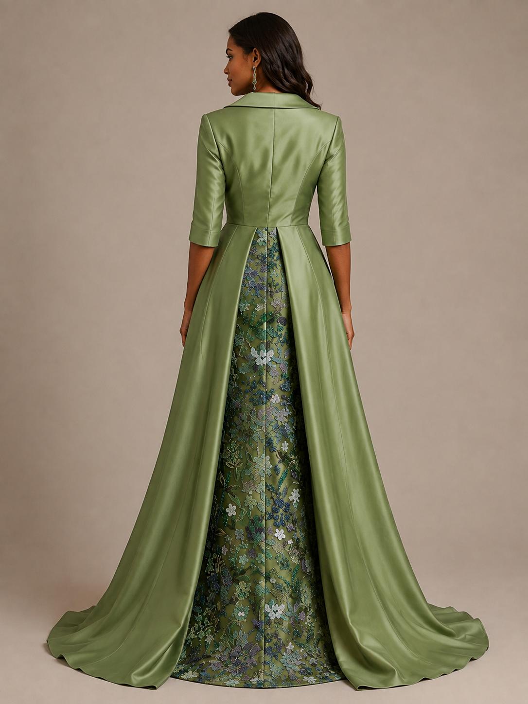 Green Floral Lace Cape Mother of the Bride Dress