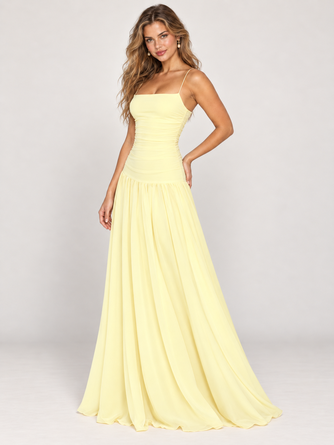 Butter Yellow Ruched Spaghetti Strap Drop-Waist Prom Dress