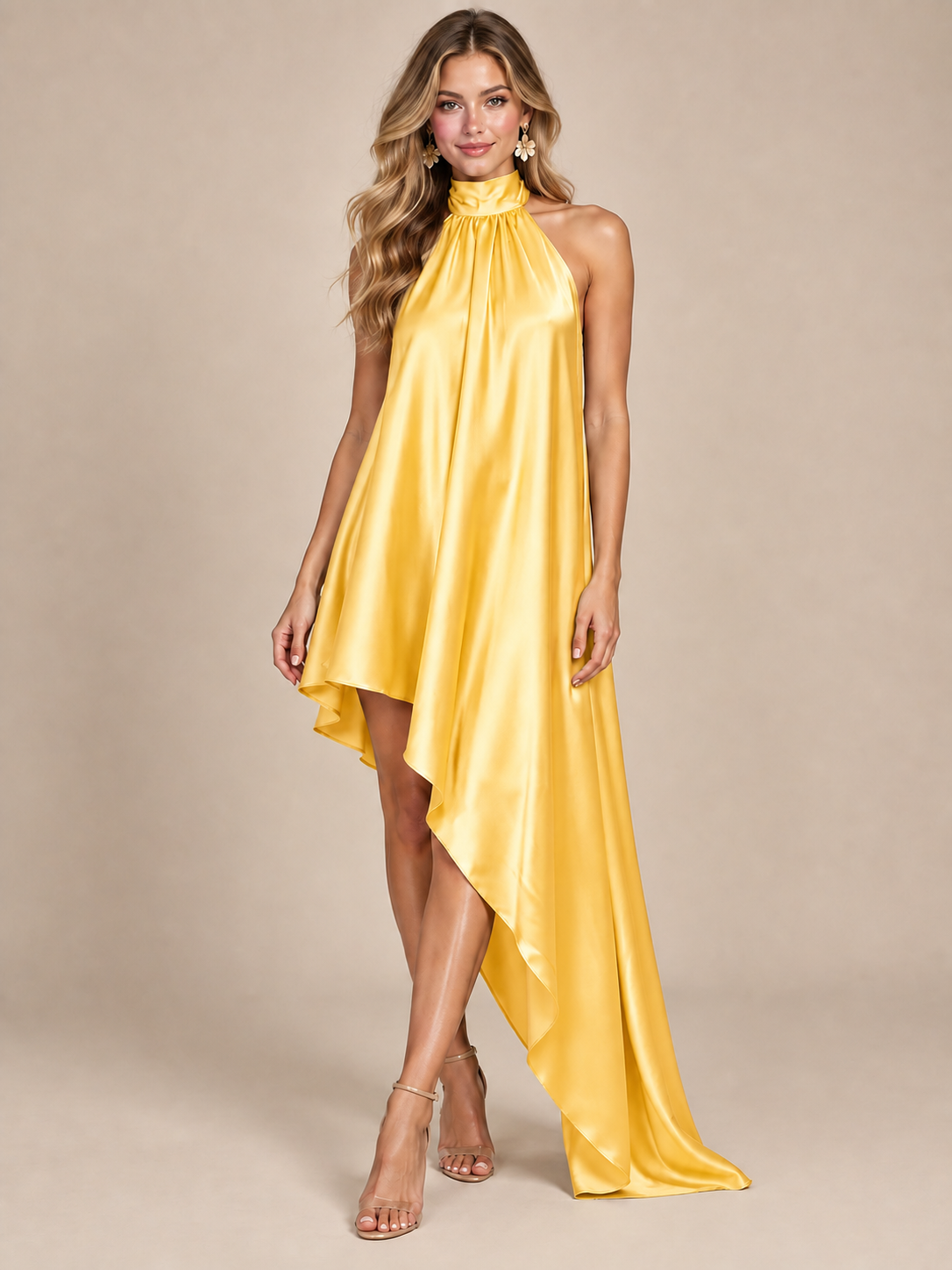 Sage Green Satin Halter Neck High-Low Maxi Dress