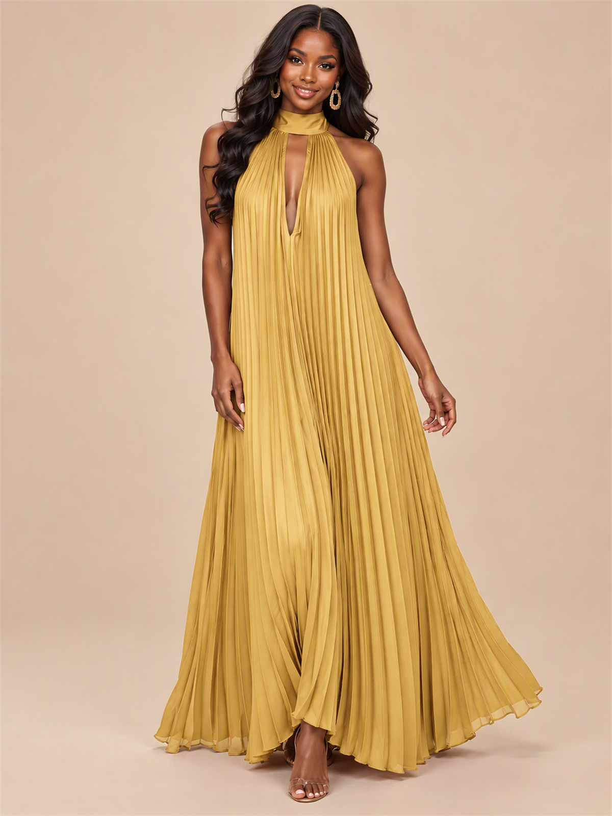 Rust Orange Pleated Halter Neck Maxi Dress