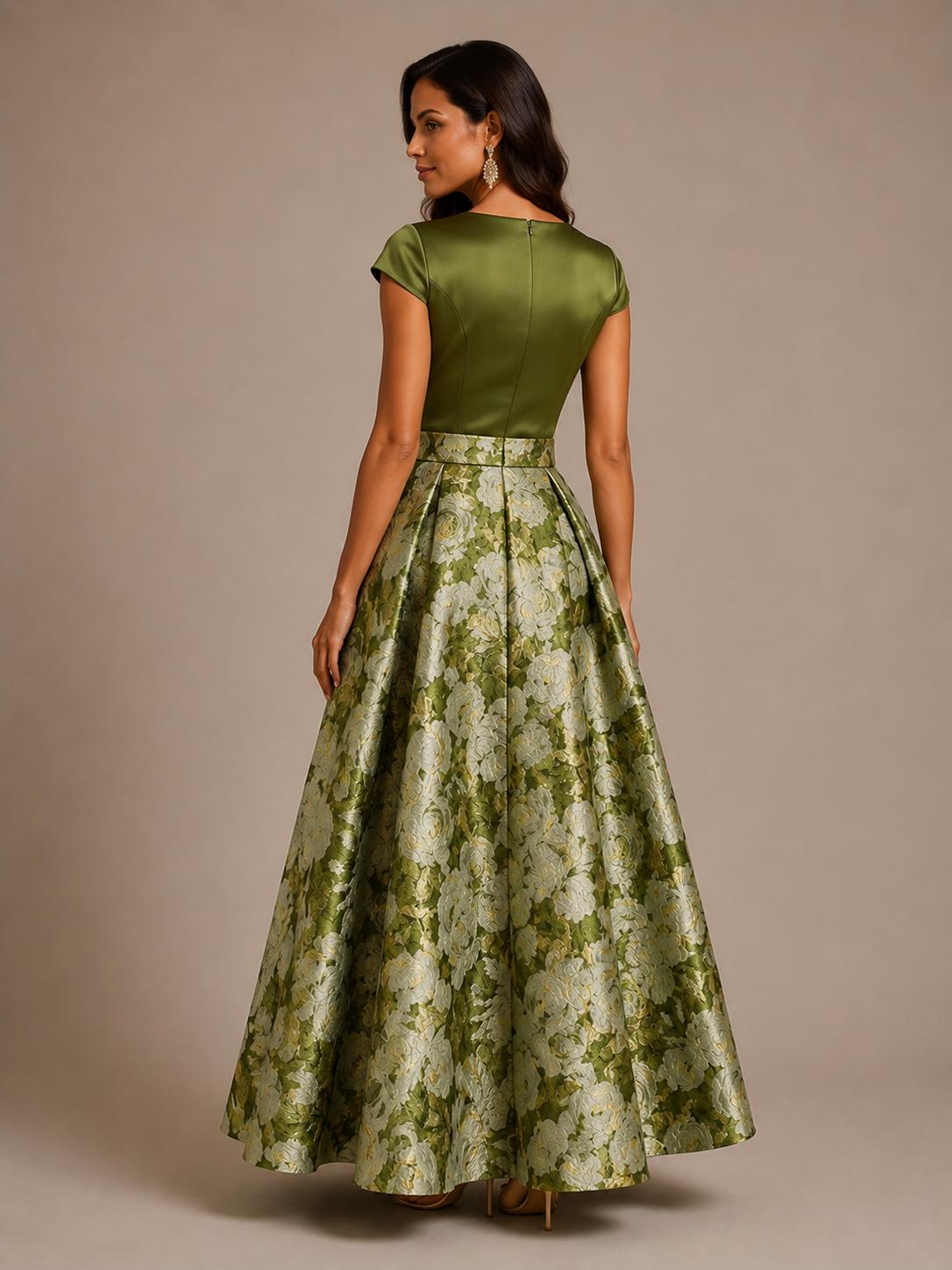Green Floral Jacquard A-Line Mother of the Bride Dress