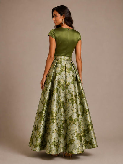 Green Floral Jacquard A-Line Mother of the Bride Dress