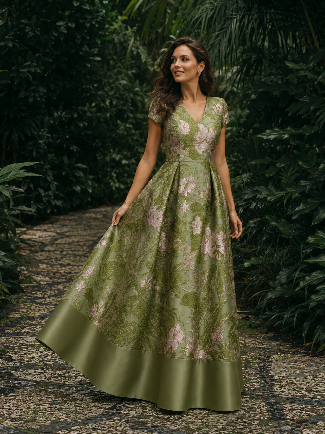 Green Floral V-Neck A-Line Mother of the Bride Dress