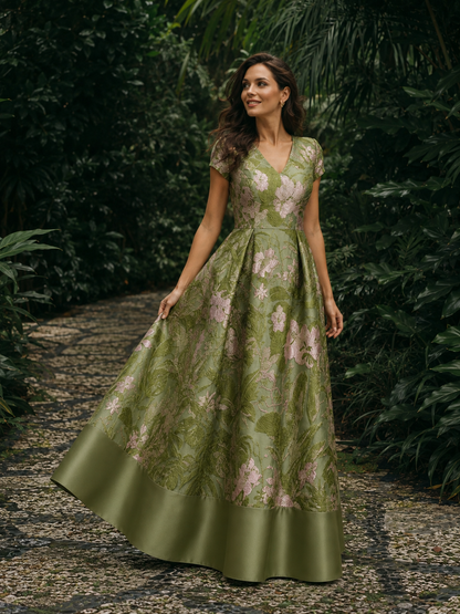 Green Floral V-Neck A-Line Mother of the Bride Dress