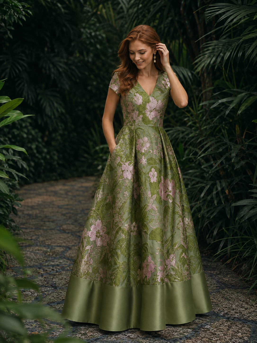 Green Floral V-Neck A-Line Mother of the Bride Dress
