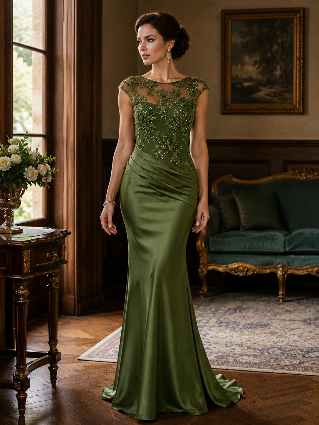 Green Beaded Lace Mother of the Bride Dress