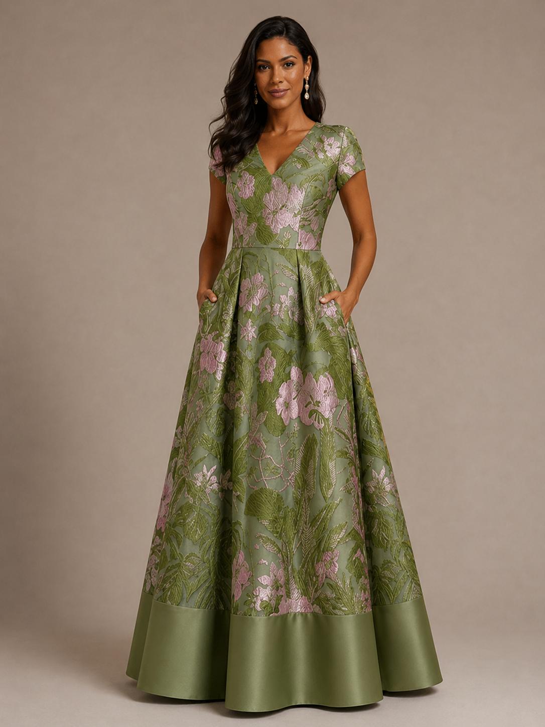 Green floral A-line mother of the bride dress with V-neck