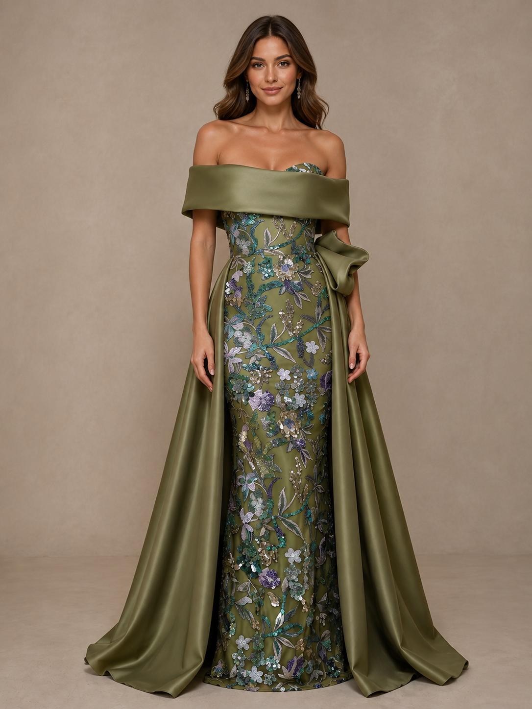 Green floral embellished cape mother of the bride dress