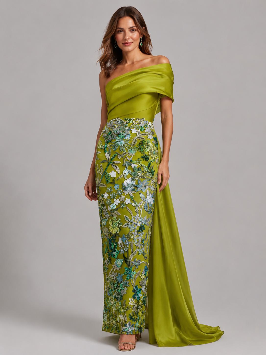 Green floral embellished off-the-shoulder mother of the bride dress