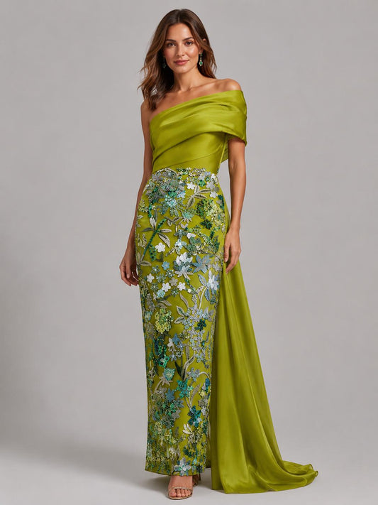 Green floral embellished off-the-shoulder mother of the bride dress