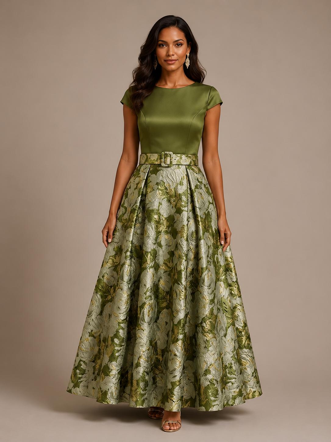 Green floral jacquard A-line mother of the bride dress
