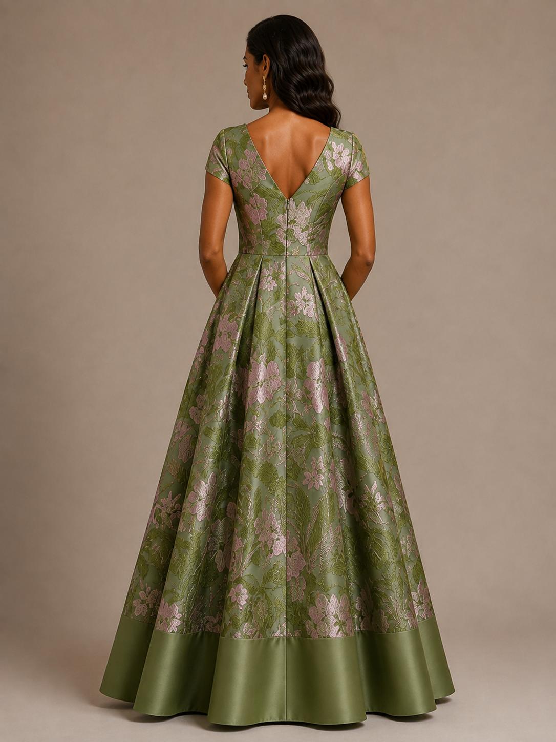 Green Floral V-Neck A-Line Mother of the Bride Dress