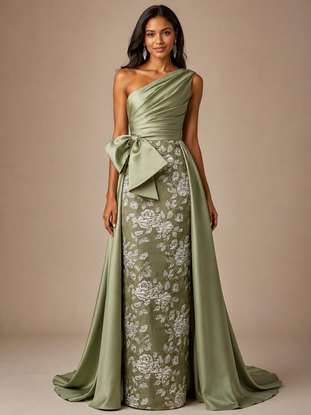 Green floral one-shoulder mother of the bride dress with bow