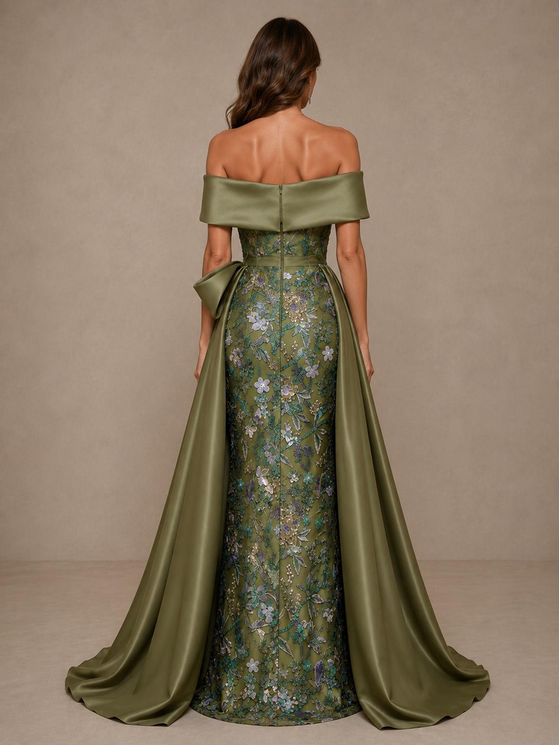 Green Floral Embellished Cape Mother of the Bride Dress