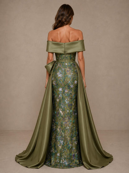 Green Floral Embellished Cape Mother of the Bride Dress