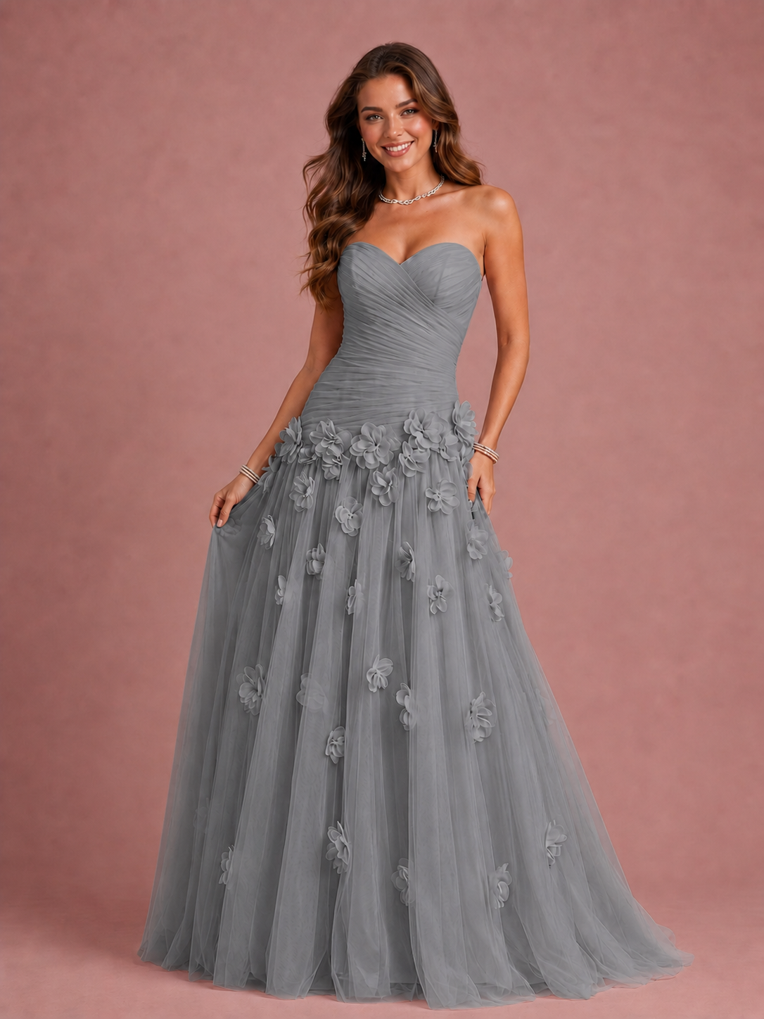 Blush Pink Strapless Sweetheart 3D Floral Tulle Ball Gown Prom Dres