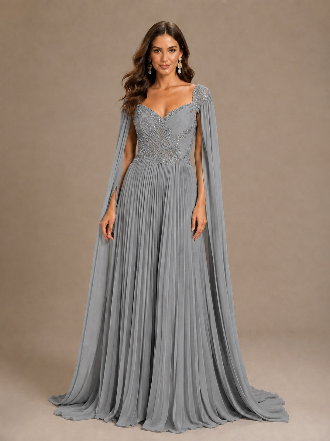 Sage Green Beaded Cape Sleeve Mother of the Bride Dress