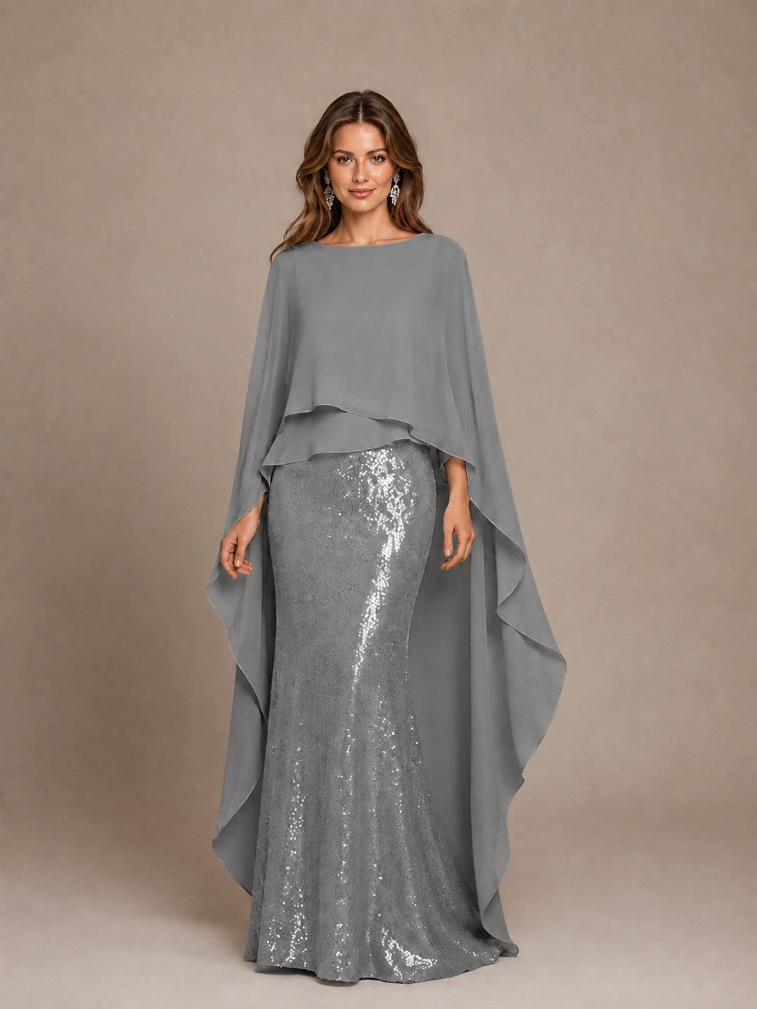 Sage Green Sequin Cape Sleeve Mother of the Bride Gown