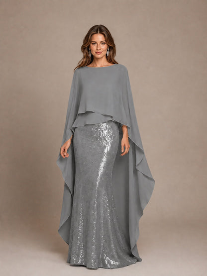 Sage Green Sequin Cape Sleeve Mother of the Bride Gown