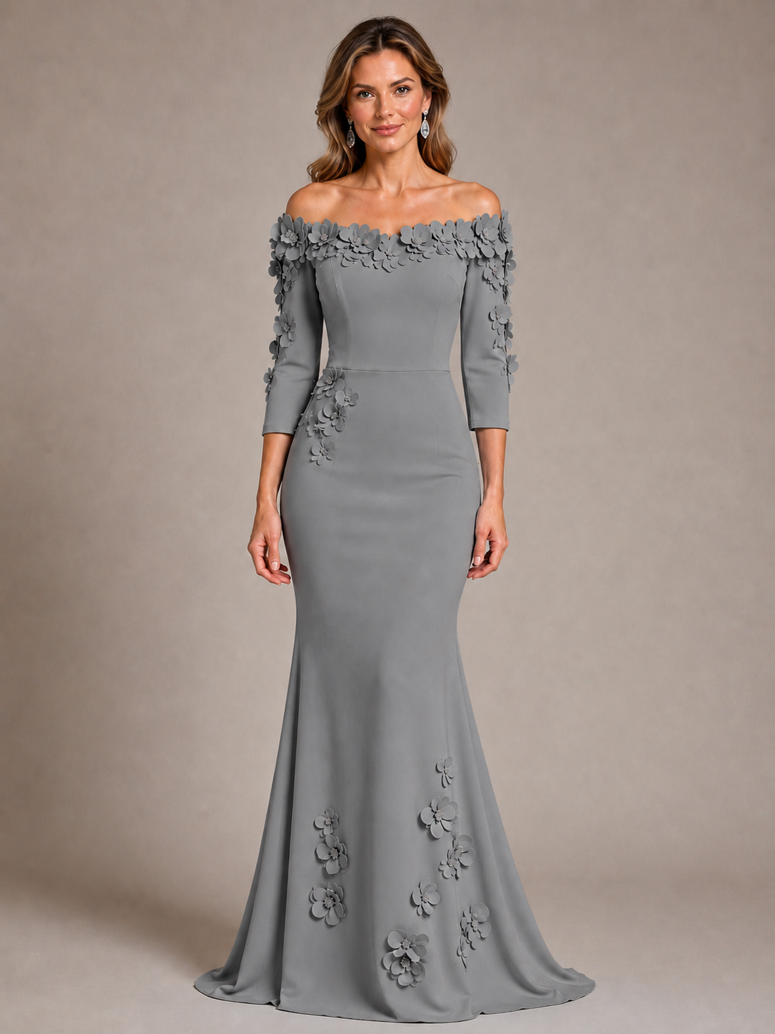 Light Blue 3D Floral Applique Off-the-Shoulder Mother of the Bride Dress