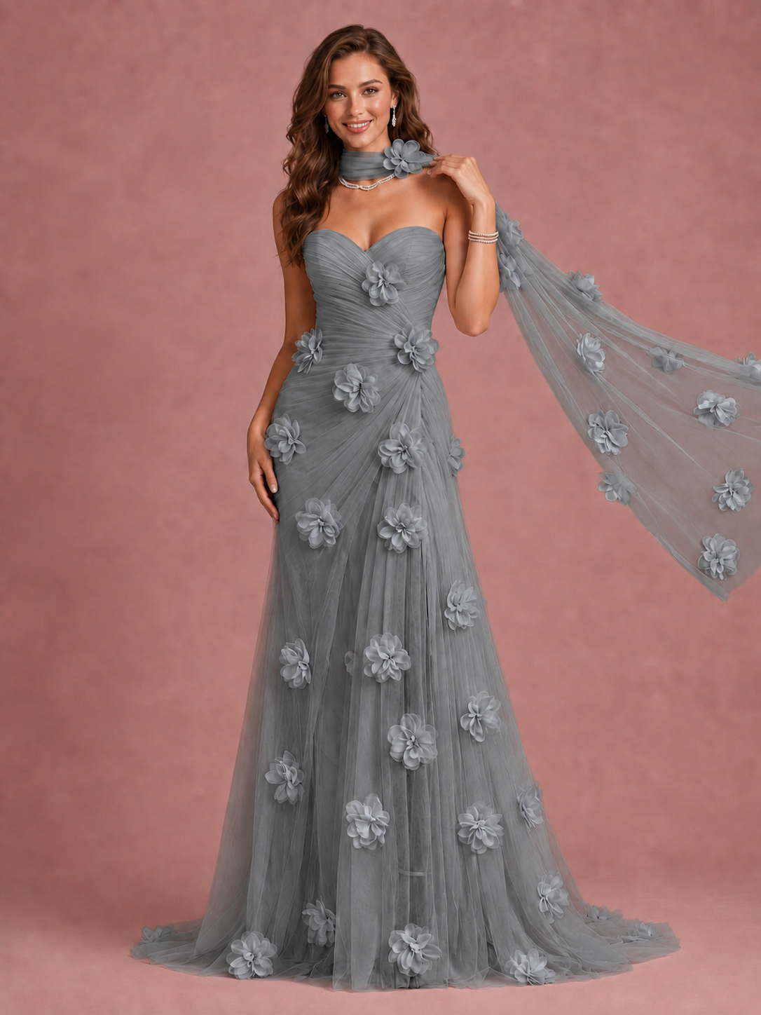 Blush Pink Strapless Sweetheart 3D Floral Tulle Mermaid Prom Dress