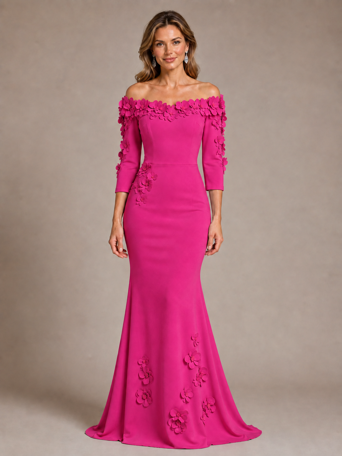 Light Blue 3D Floral Applique Off-the-Shoulder Mother of the Bride Dress