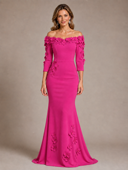 Light Blue 3D Floral Applique Off-the-Shoulder Mother of the Bride Dress