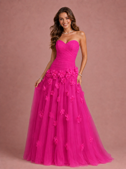 Blush Pink Strapless Sweetheart 3D Floral Tulle Ball Gown Prom Dres