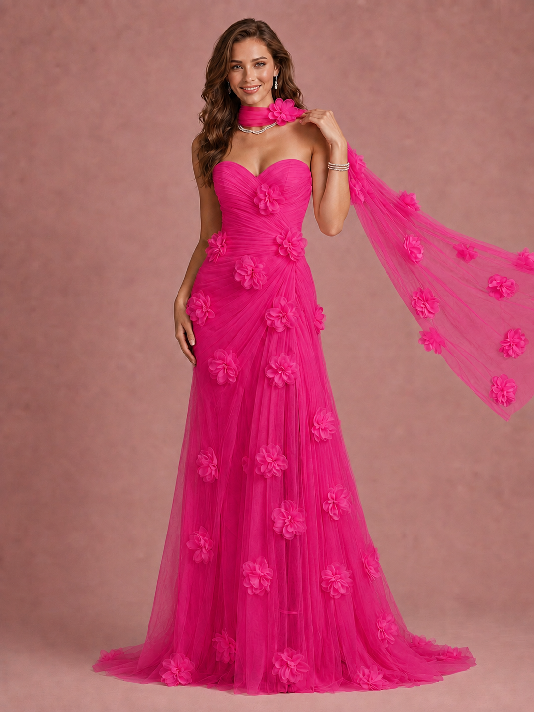 Blush Pink Strapless Sweetheart 3D Floral Tulle Mermaid Prom Dress