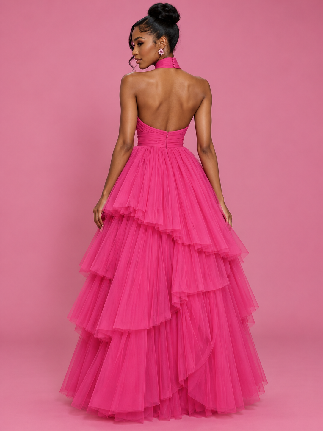 Hot Pink Tulle Halter Neck Tiered Ruffle Maxi Dress