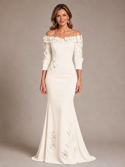 Light Blue 3D Floral Applique Off-the-Shoulder Mother of the Bride Dress