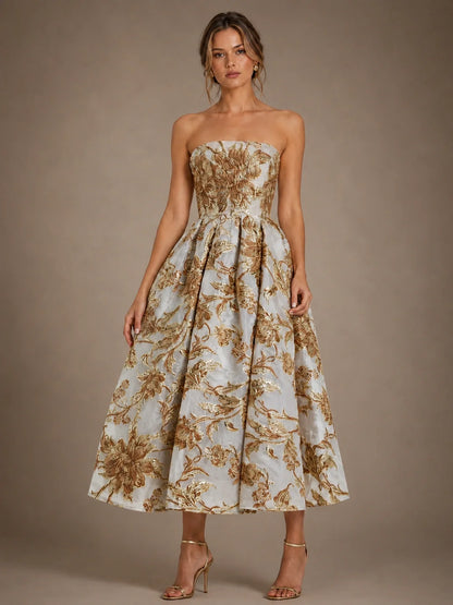 Ivory Gold Floral Jacquard Strapless Mother of the Bride Dress