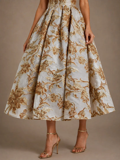 Ivory Gold Floral Jacquard Strapless Mother of the Bride Dress