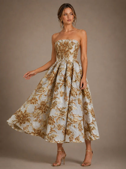 Ivory Gold Floral Jacquard Strapless Mother of the Bride Dress