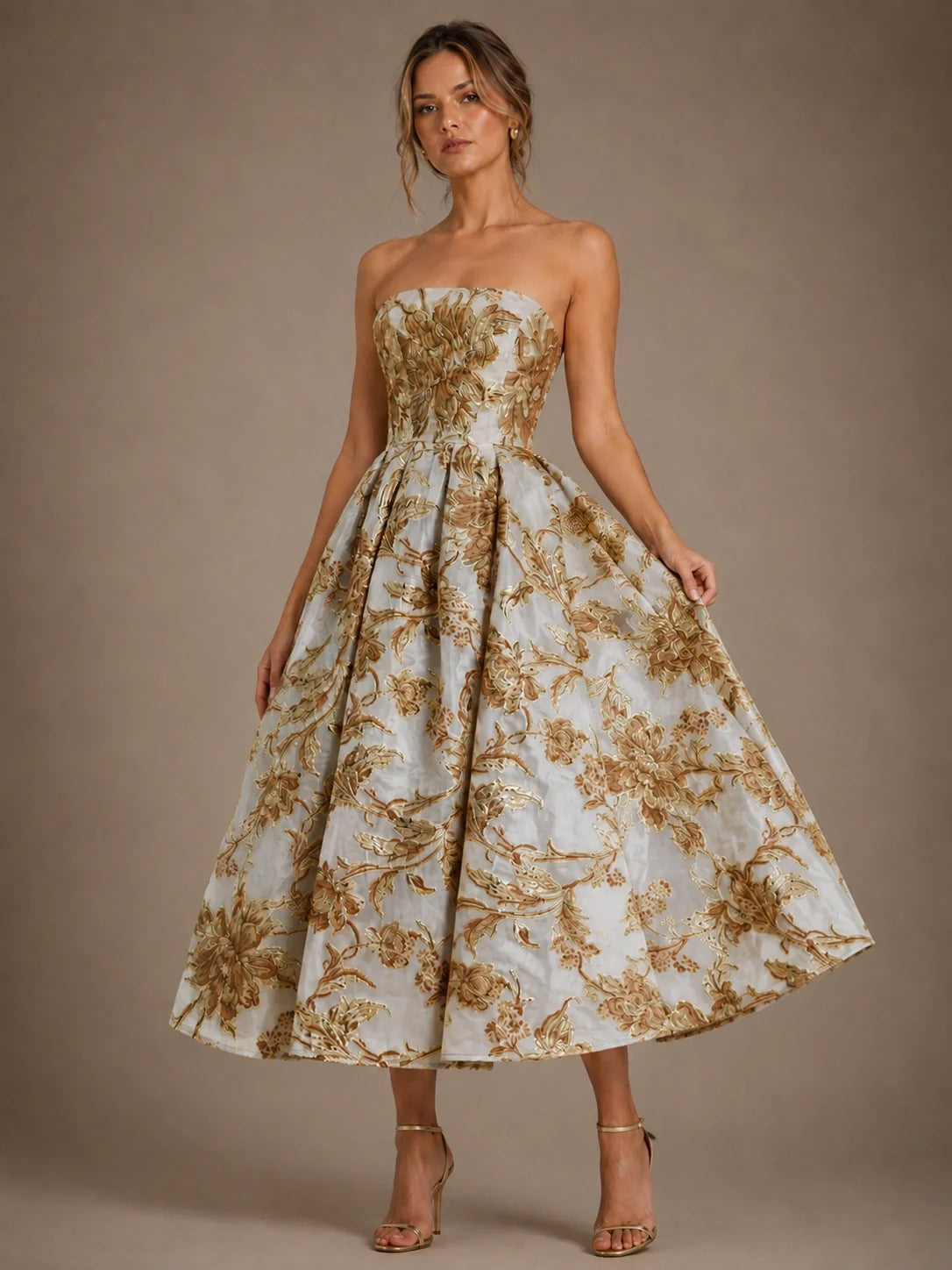 Ivory Gold Floral Jacquard Strapless Mother of the Bride Dress