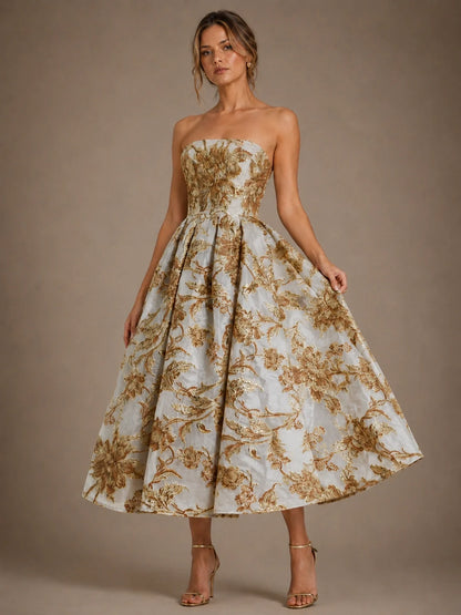 Ivory Gold Floral Jacquard Strapless Mother of the Bride Dress