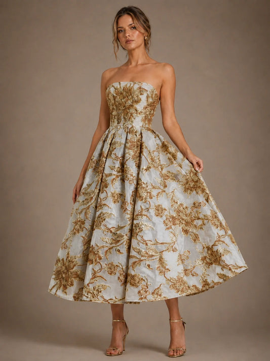 Ivory Gold Floral Jacquard Strapless Mother of the Bride Dress