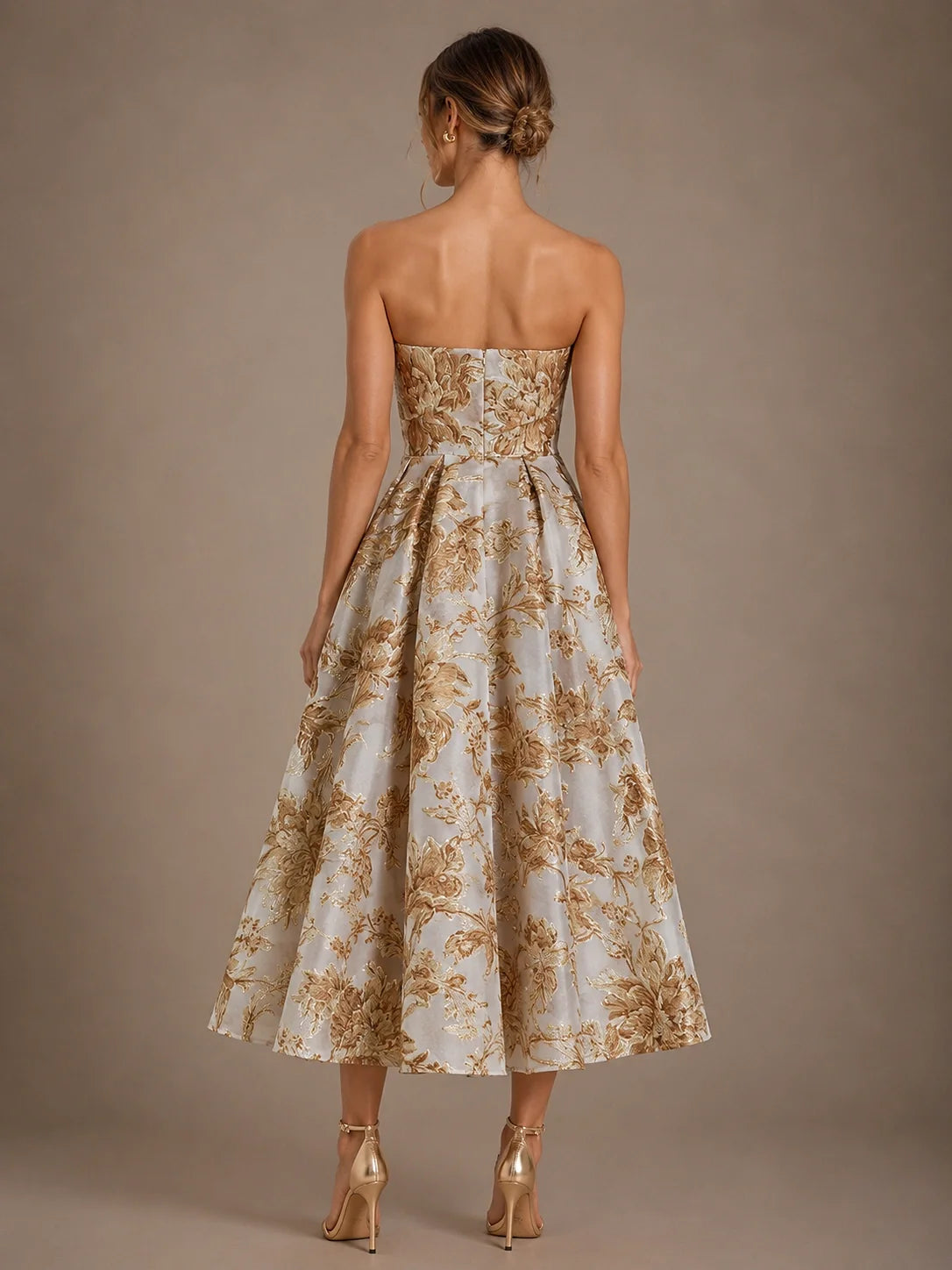 Ivory Gold Floral Jacquard Strapless Mother of the Bride Dress