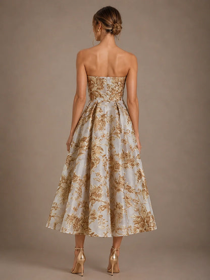 Ivory Gold Floral Jacquard Strapless Mother of the Bride Dress
