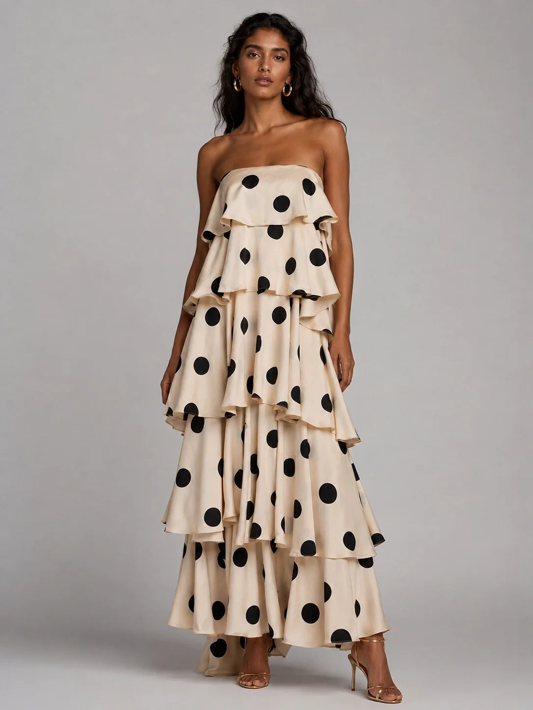 Ivory and Black Polka Dot Strapless Tiered Maxi Dress