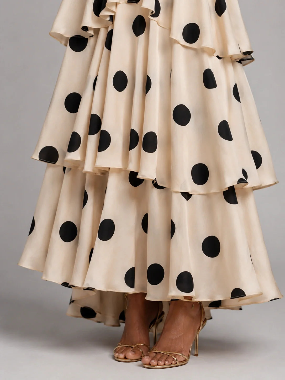 Ivory and Black Polka Dot Strapless Tiered Maxi Dress