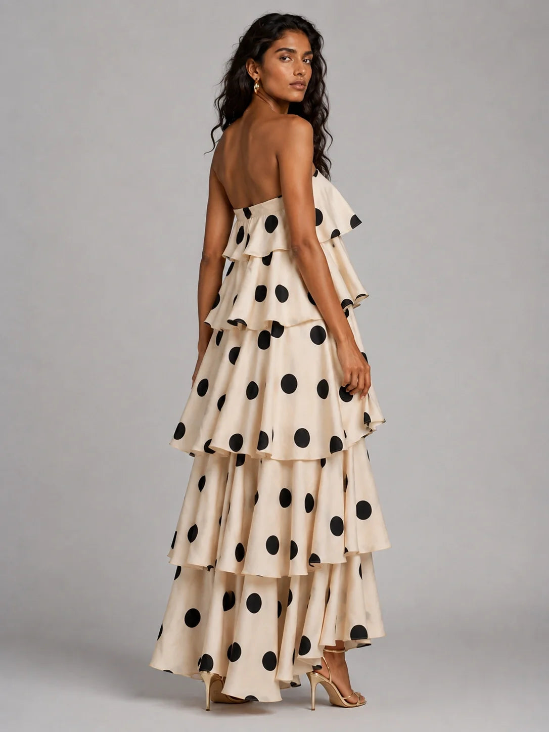 Ivory and Black Polka Dot Strapless Tiered Maxi Dress