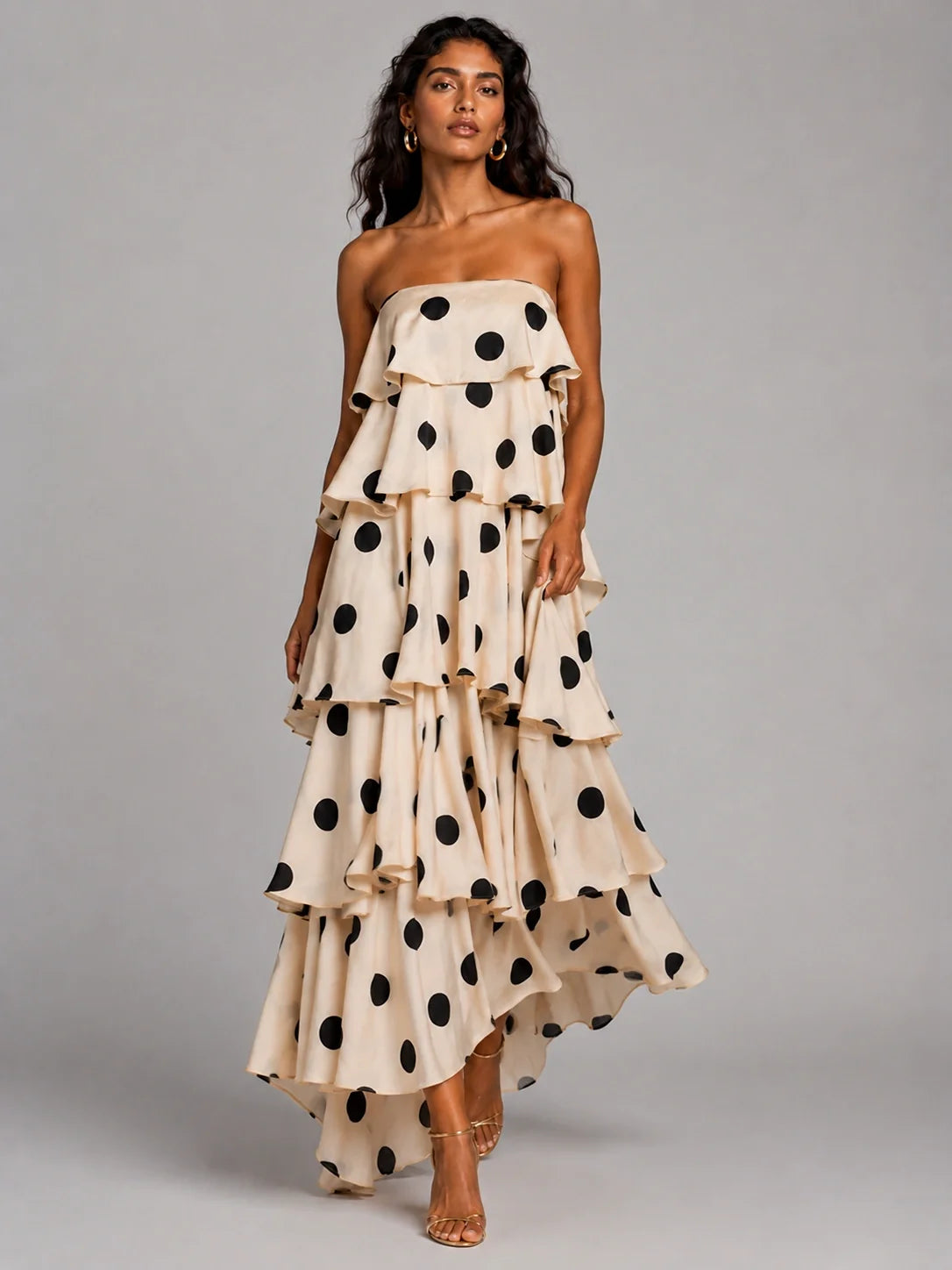 Ivory and Black Polka Dot Strapless Tiered Maxi Dress