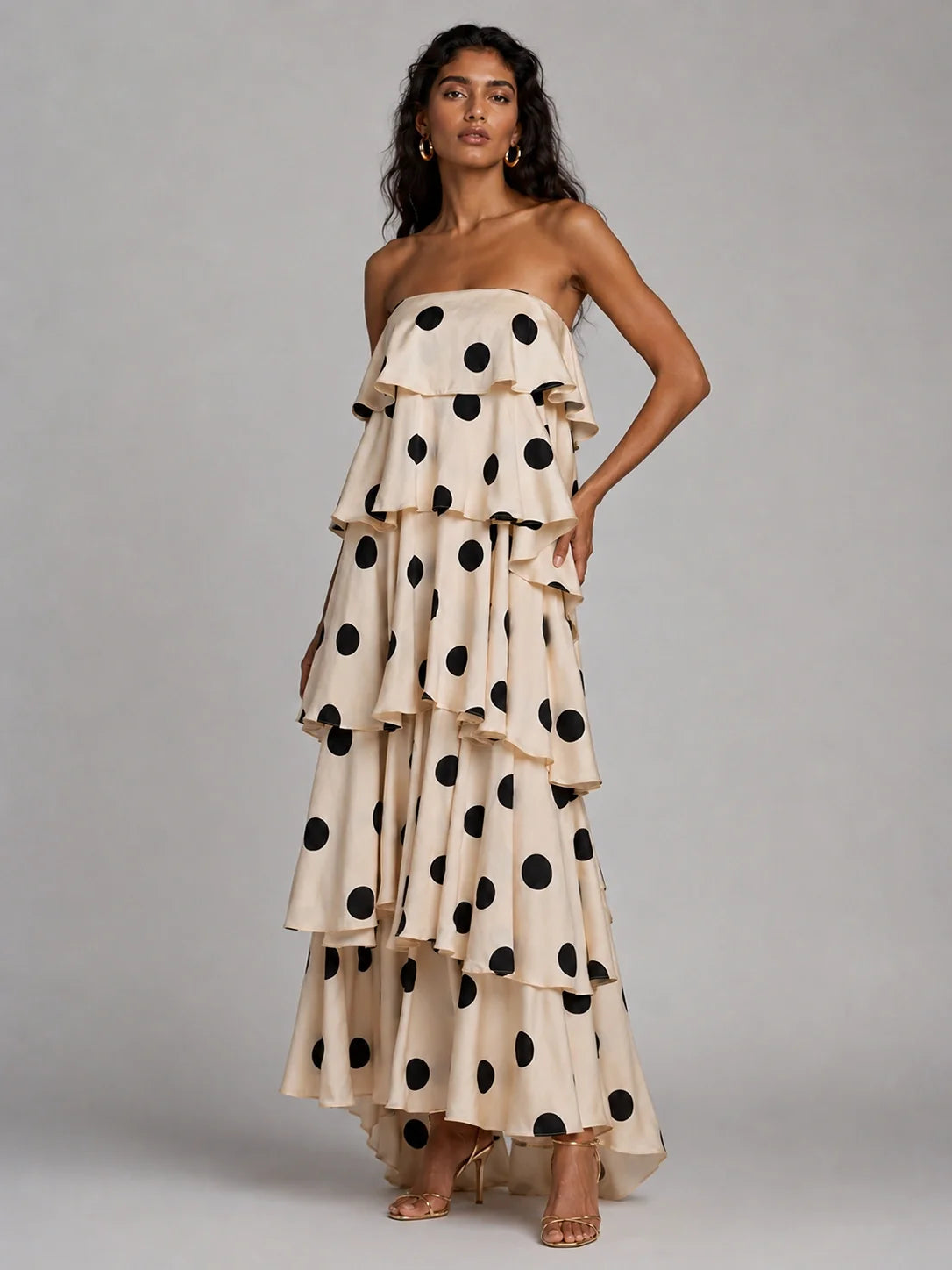Ivory and Black Polka Dot Strapless Tiered Maxi Dress