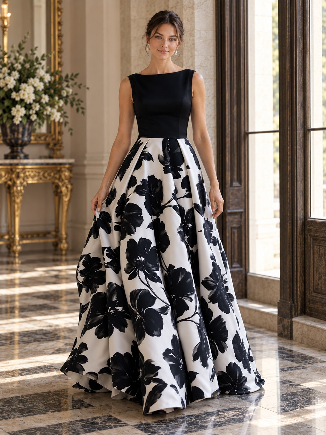 Jovellee Black & White Floral A-Line Evening Gown