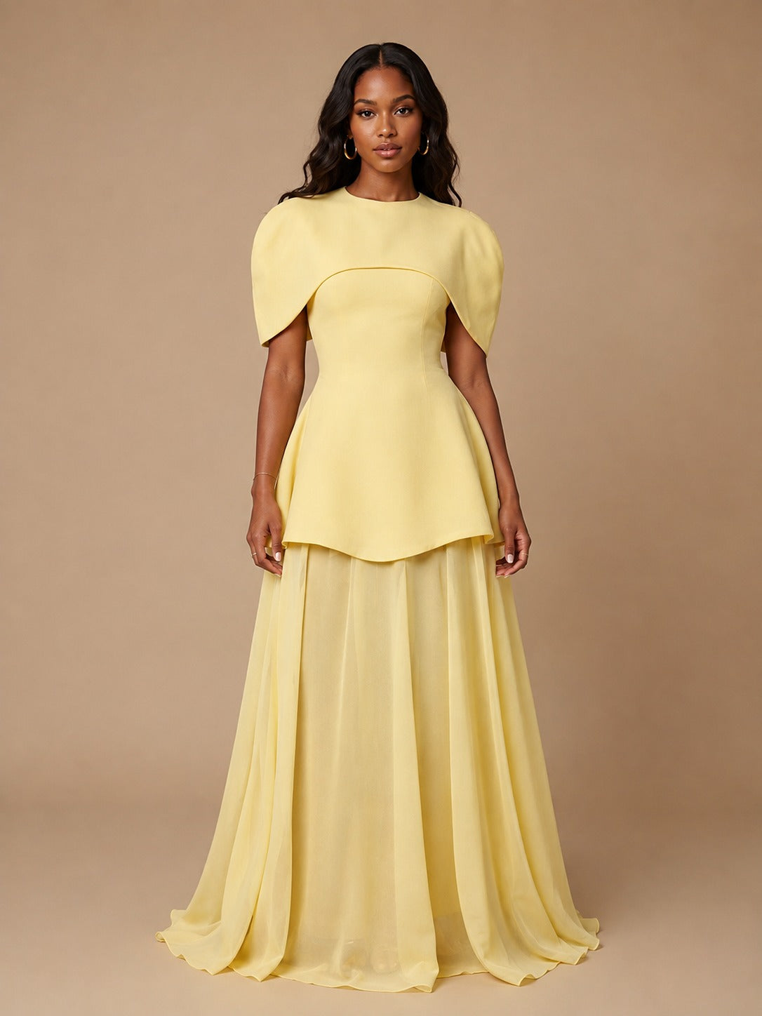 Blush Pink Cape Sleeve Peplum Maxi Dress