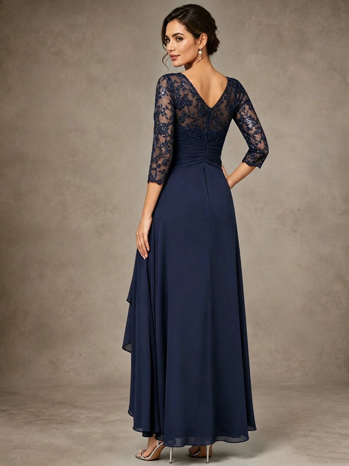 Chiffon Lace Mother of the Bride Dress with 3/4 Sleeves